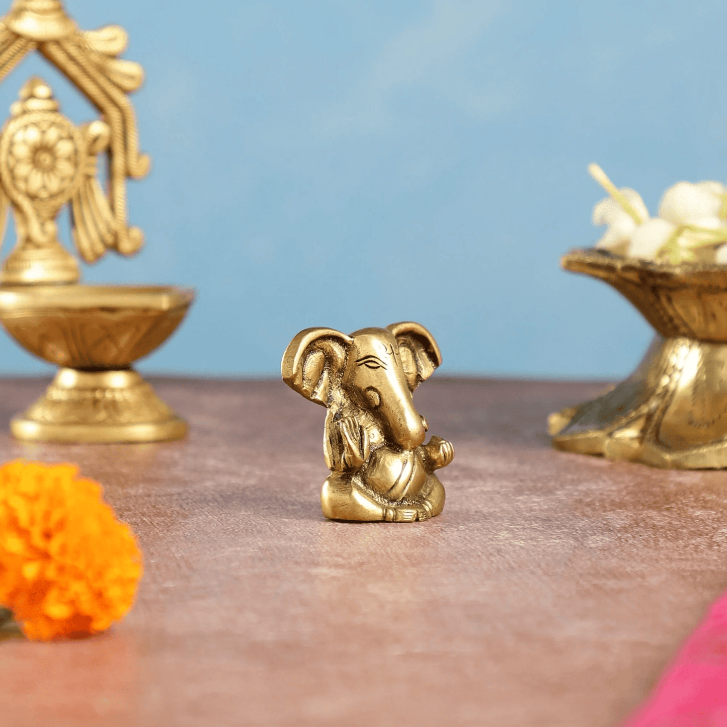 Brassaura™ Brass Tiny Ganesha Idol with Unique Big Ears | Height 2 Inches & Weight 100 Grams