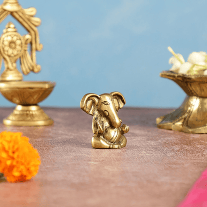 Brassaura™ Brass Tiny Ganesha Idol with Unique Big Ears | Height 2 Inches & Weight 100 Grams