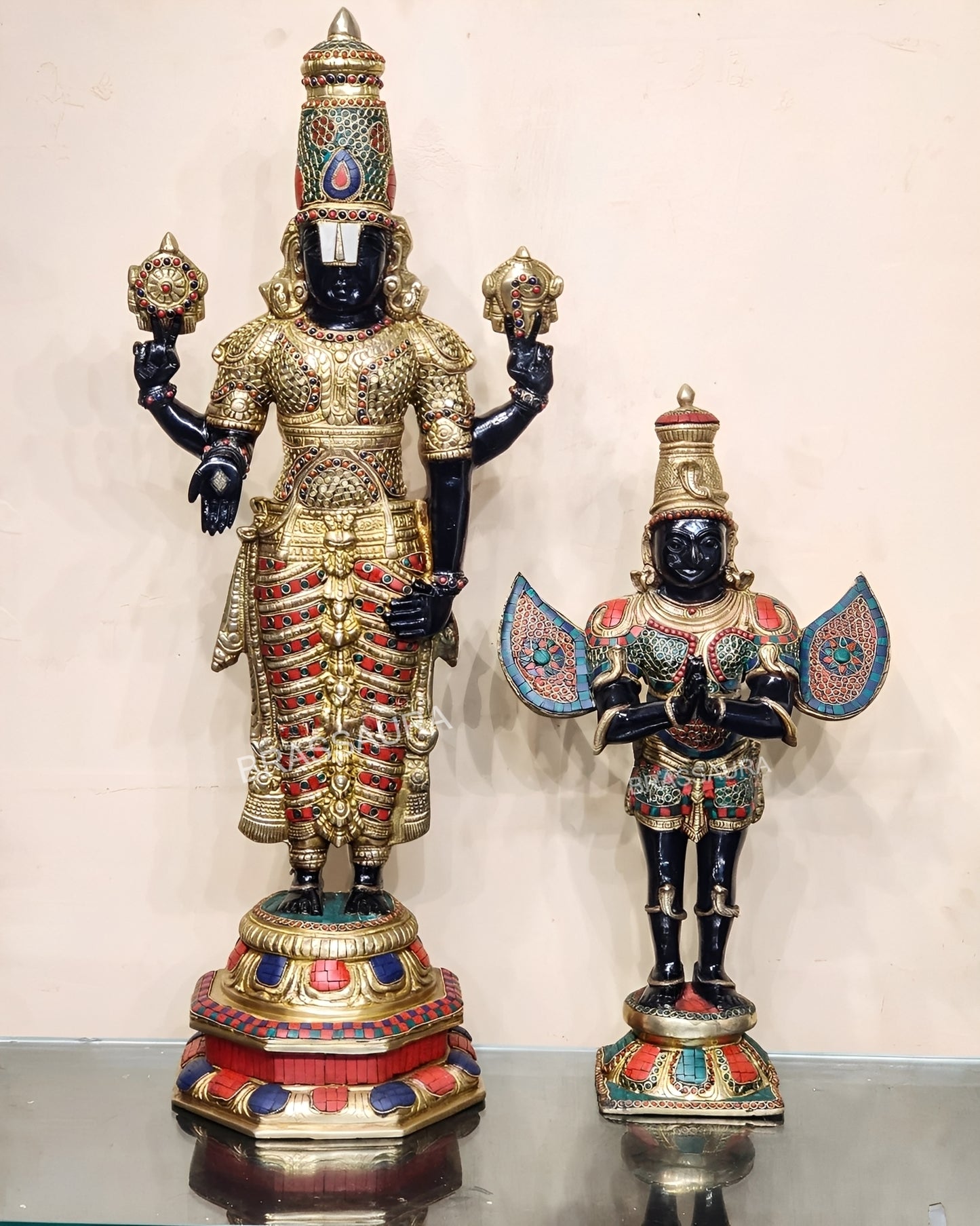 Handcrafted Brass Tirupati Balaji with Garuda – Height 33.5 Inches (22 Kgs) & 22 Inches (10 Kgs) | Black & Golden Finish