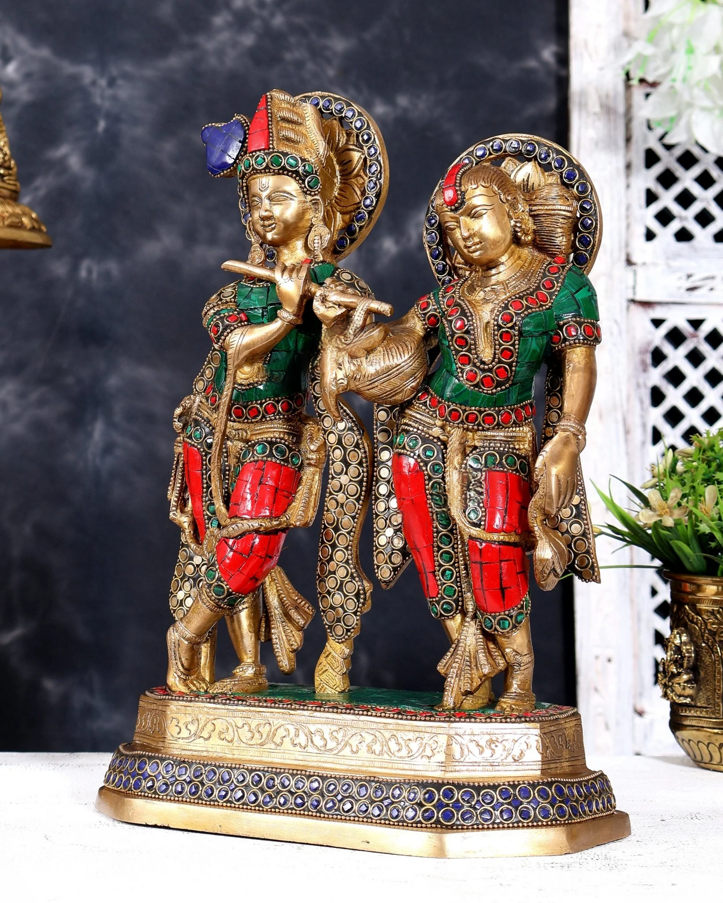 ब्रासोरा® वृंदावन वेणुगोपाल कृष्ण पीतल की प्रतिमा मोर के साथ | एंटीक नीला और सुनहरा रंग | ऊँचाई 20 इंच