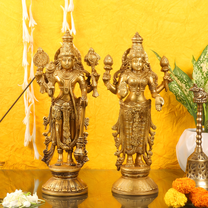 Brassaura™ Pure Superfine Brass Lord Vishnu & Goddess Lakshmi Statues – 7kg Combined, 12-Inch – Handcrafted Southern Indian Artistry