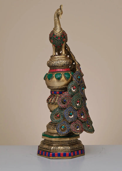 Brassaura® 嵌花工艺装饰黄铜孔雀柱 | 纯黄铜 | 高20英寸，重8.34公斤