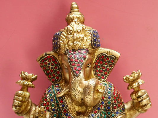ब्रासुर™ पत्थर की जीवंत जड़ाई के काम के साथ भगवान गणेश | ऊँचाई 9 इंच और वज़न 5.30 किलोग्राम