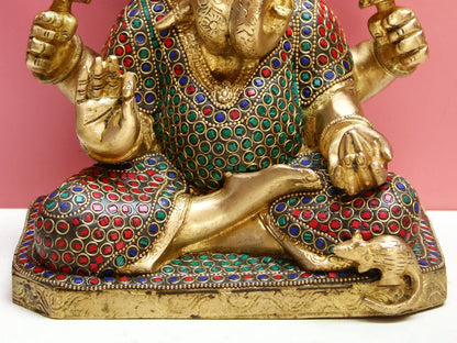 ब्रासुर™ पत्थर की जीवंत जड़ाई के काम के साथ भगवान गणेश | ऊँचाई 9 इंच और वज़न 5.30 किलोग्राम