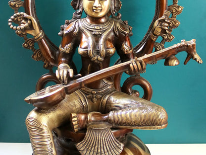 Brassaura® Brass Goddess Saraswati Statue | Height 27 Inches & Weight 33.50 kg