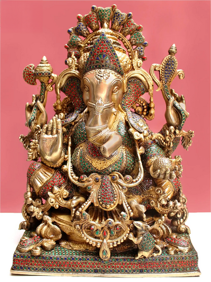 Brassaura™ Grand Lord Ganesha with Intricate Stone Inlay Work | Height 19 Inches & Weight 25.52 kgs