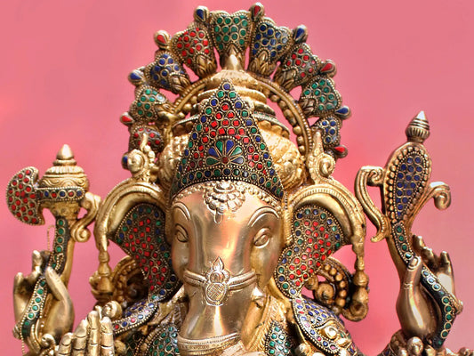 Brassaura™ Grand Lord Ganesha with Intricate Stone Inlay Work | Height 19 Inches & Weight 25.52 kgs