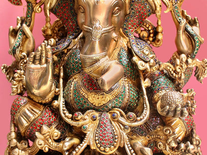 Brassaura™ Grand Lord Ganesha with Intricate Stone Inlay Work | Height 19 Inches & Weight 25.52 kgs