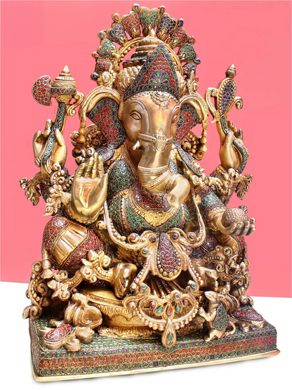 Brassaura™ Grand Lord Ganesha with Intricate Stone Inlay Work | Height 19 Inches & Weight 25.52 kgs
