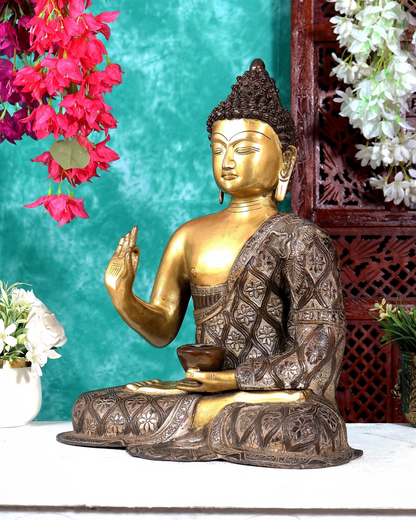 ब्रासोरा® वृंदावन वेणुगोपाल कृष्ण पीतल की प्रतिमा मोर के साथ | एंटीक नीला और सुनहरा रंग | ऊँचाई 20 इंच
