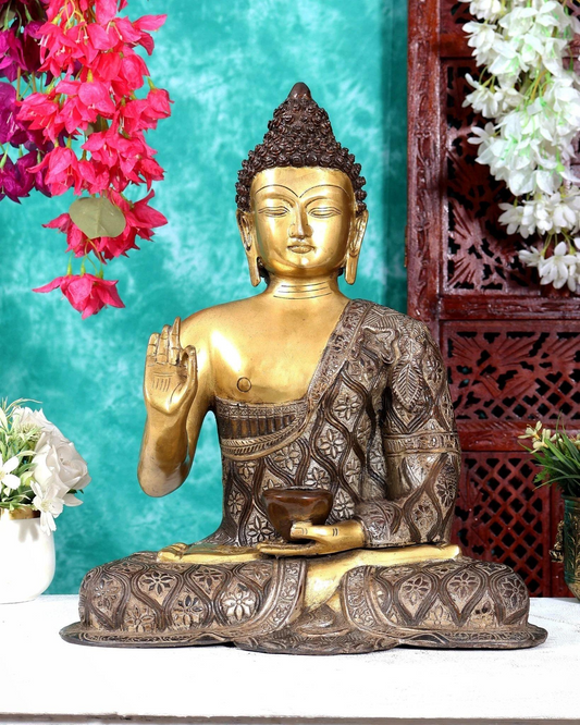 Brassaura® Buddha Blessing Idol with Dual-Tone Copper and Silver Finish | Pure Superfine Brass Handcrafted Murti | Brass Statue for Home Temple, Pooja Room | Height 17 Inches | Weight 11 Kgs