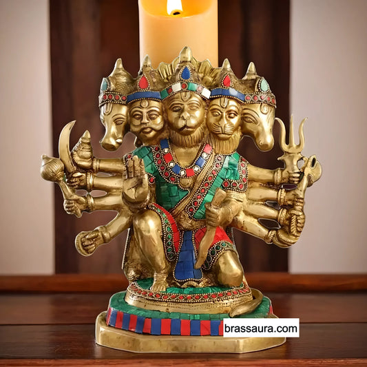 Brassaura™ Brass Panchmukhi Hanuman Idol – Height 11.5 Inches & Weight 6 Kgs | Handcrafted with Stonework