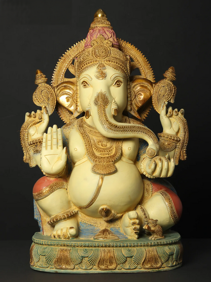 ब्रासौरा® रंगीन आशीर्वाद ब्रास गणेश मूर्ति होम मंदिर और प्रवेश द्वार की सजावट के लिए | 19 इंच | 23 किग्रा
