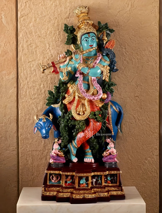 Brassaura™ Pure Brass Hand-Painted Lord Krishna with Cow Statue – Height 29 Inches & Weight 35 Kgs