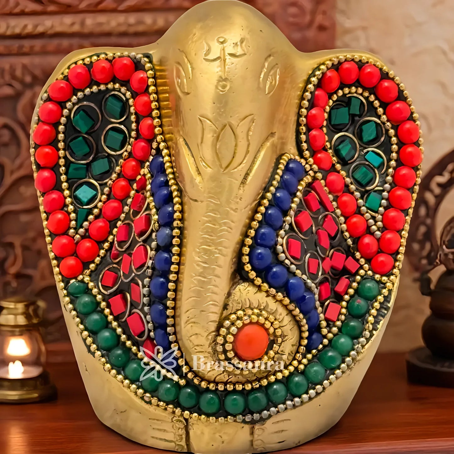 Brassaura™ Brass Gem Stone Work Ganesha Idol for Home and Decor | Weight 0.6 Kgs | Height 3.5 Inches