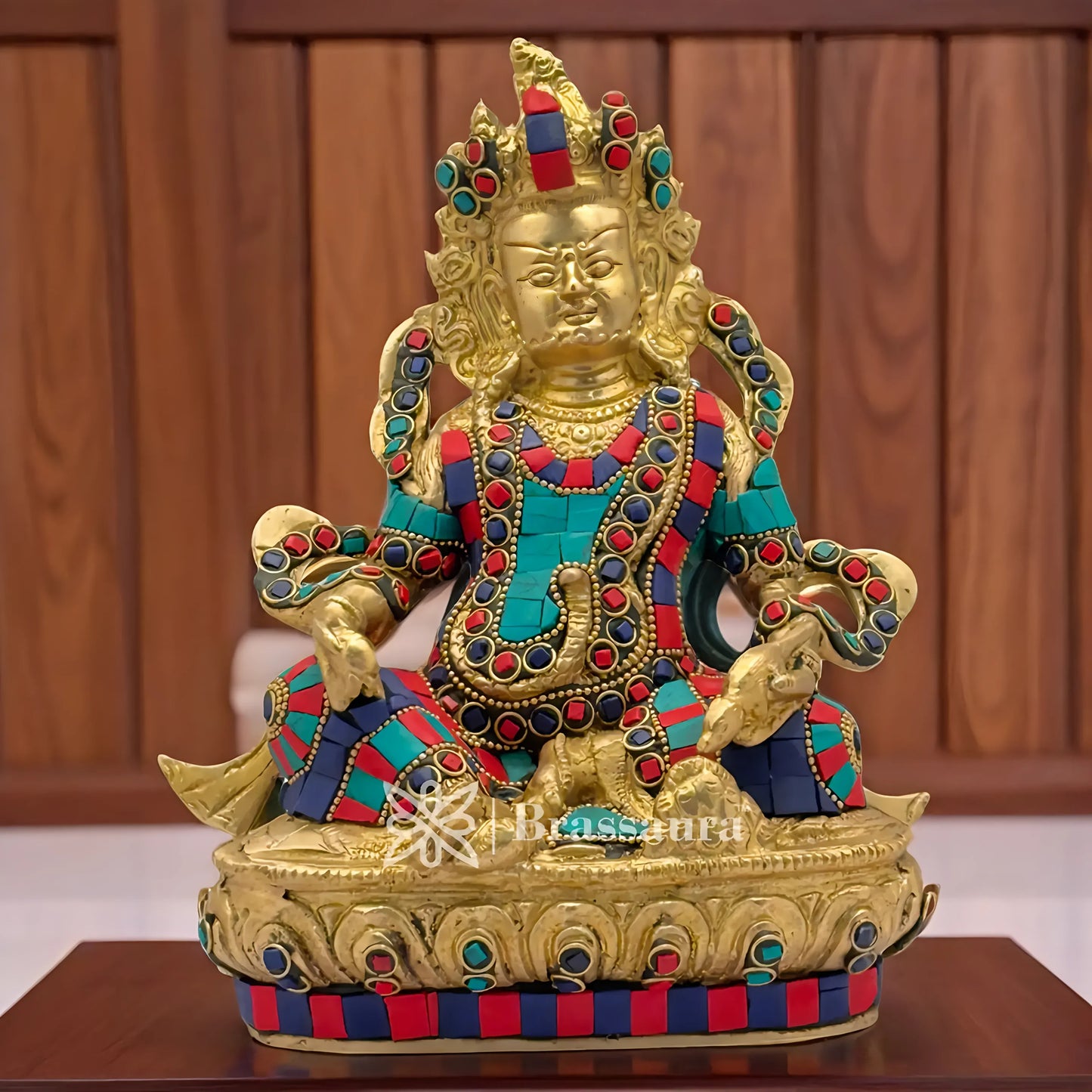 Brassaura™ Brass Gem Stone Work Kuber Idol – Height 12 Inches & Weight 4.3 Kgs | Meditation & Worship Space Accent