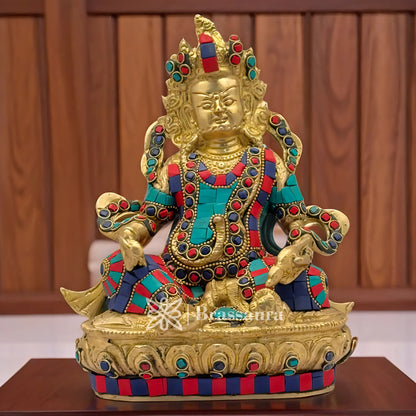 Brassaura™ Brass Gem Stone Work Kuber Idol – Height 12 Inches & Weight 4.3 Kgs | Meditation & Worship Space Accent