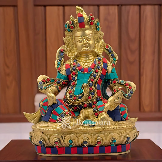 Brassaura™ Brass Gem Stone Work Kuber Idol – Height 12 Inches & Weight 4.3 Kgs | Meditation & Worship Space Accent