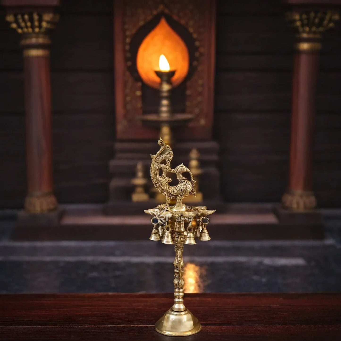Brass Diya Peacock Oil Lamp With Hanging Bell Weight 2.8 Kg And Height 16.5 Inch