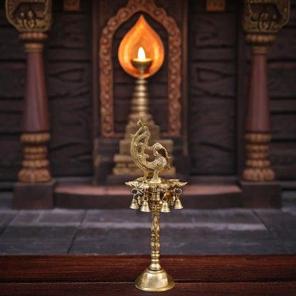 Brass Diya Peacock Oil Lamp With Hanging Bell Weight 2.8 Kg And Height 16.5 Inch