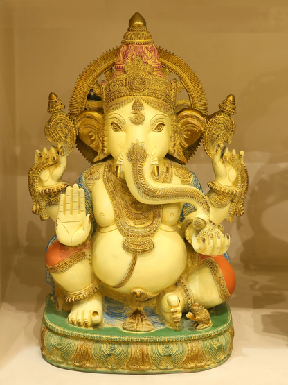ब्रासौरा® रंगीन आशीर्वाद ब्रास गणेश मूर्ति होम मंदिर और प्रवेश द्वार की सजावट के लिए | 19 इंच | 23 किग्रा