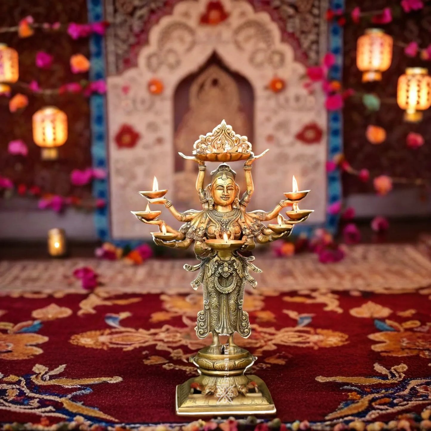 Brassaura™ Brass Standing Deep Laxmi With 8 Diya’s Statue– Height 27 Inches & Weight 16.37 Kgs | Home & Puja Décor