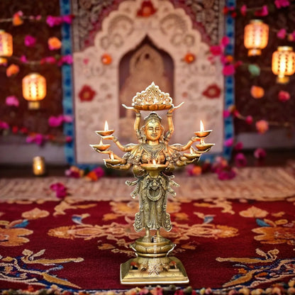 Brassaura™ Brass Standing Deep Laxmi With 8 Diya’s Statue– Height 27 Inches & Weight 16.37 Kgs | Home & Puja Décor