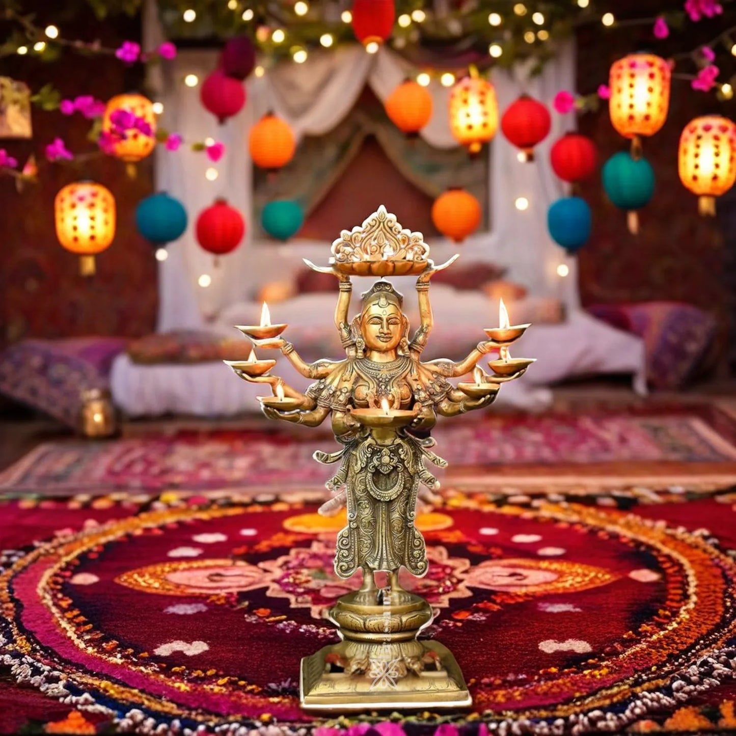 Brassaura™ Brass Standing Deep Laxmi With 8 Diya’s Statue– Height 27 Inches & Weight 16.37 Kgs | Home & Puja Décor
