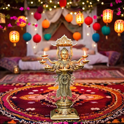 Brassaura™ Brass Standing Deep Laxmi With 8 Diya’s Statue– Height 27 Inches & Weight 16.37 Kgs | Home & Puja Décor