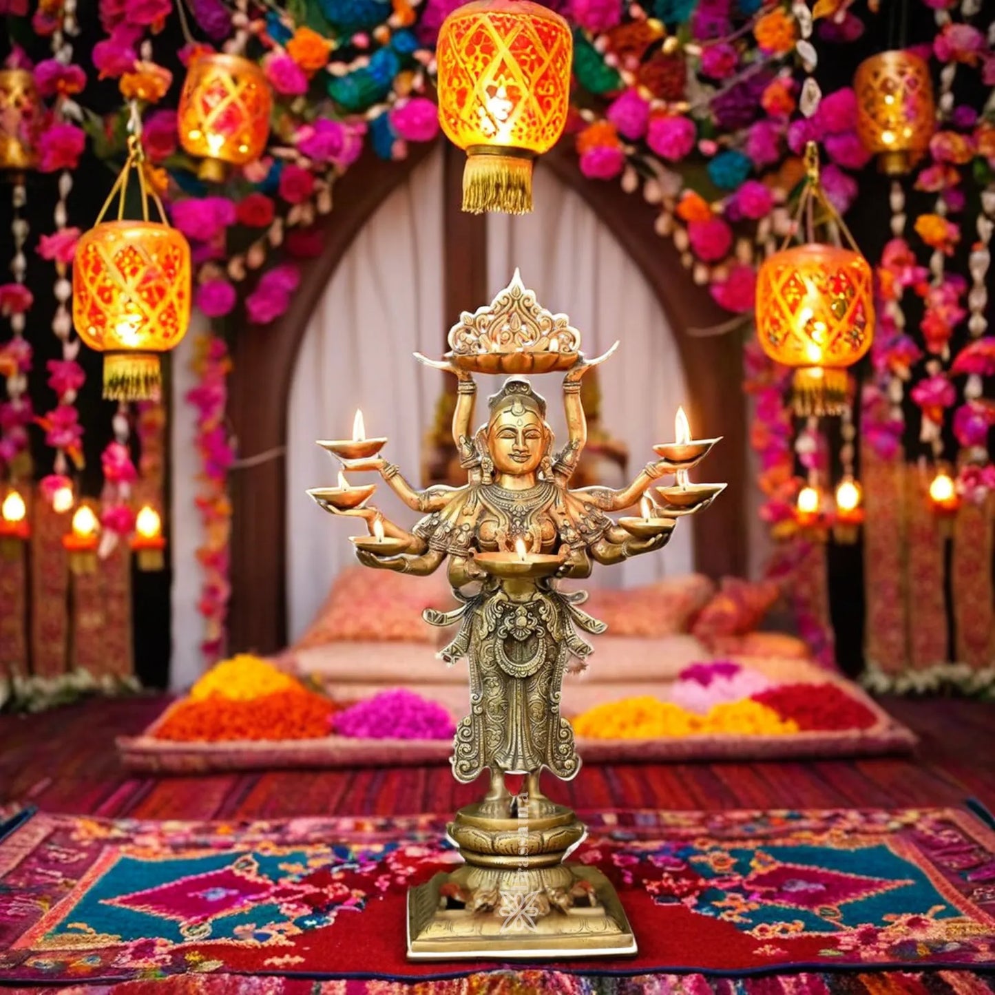 Brassaura™ Brass Standing Deep Laxmi With 8 Diya’s Statue– Height 27 Inches & Weight 16.37 Kgs | Home & Puja Décor