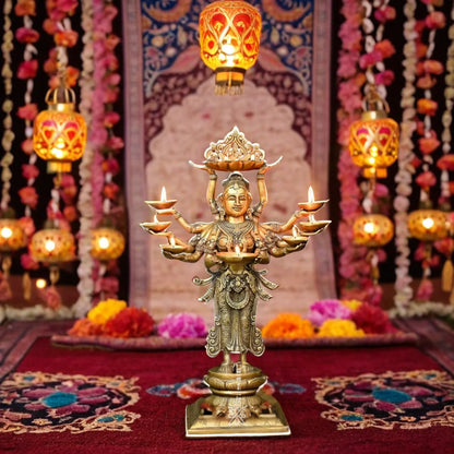 Brassaura™ Brass Standing Deep Laxmi With 8 Diya’s Statue– Height 27 Inches & Weight 16.37 Kgs | Home & Puja Décor