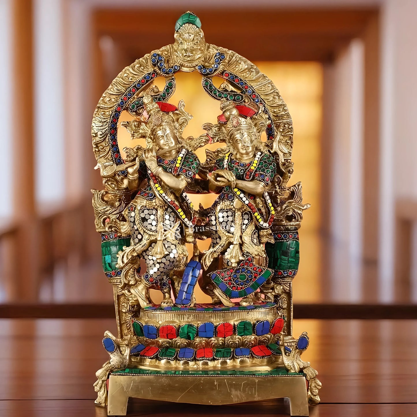 Brassaura™ Brass Radha Krishna Idol Pair with Peacocks & Prabhavali – Height 17.5 Inches & Weight 10 Kgs | Divine Devotional Statue