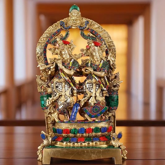 Brassaura™ Brass Radha Krishna Idol Pair with Peacocks & Prabhavali – Height 17.5 Inches & Weight 10 Kgs | Divine Devotional Statue