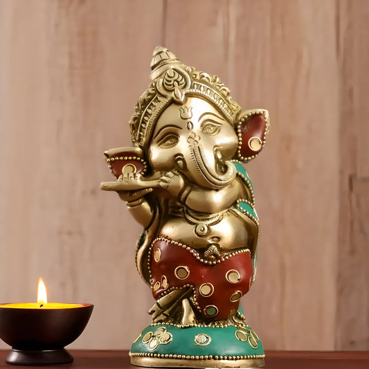 Brassaura™ Brass Lord Ganesha Playing Flute | Handcrafted for Study Table & Temple | Height 5 Inches & Weight 1 Kg