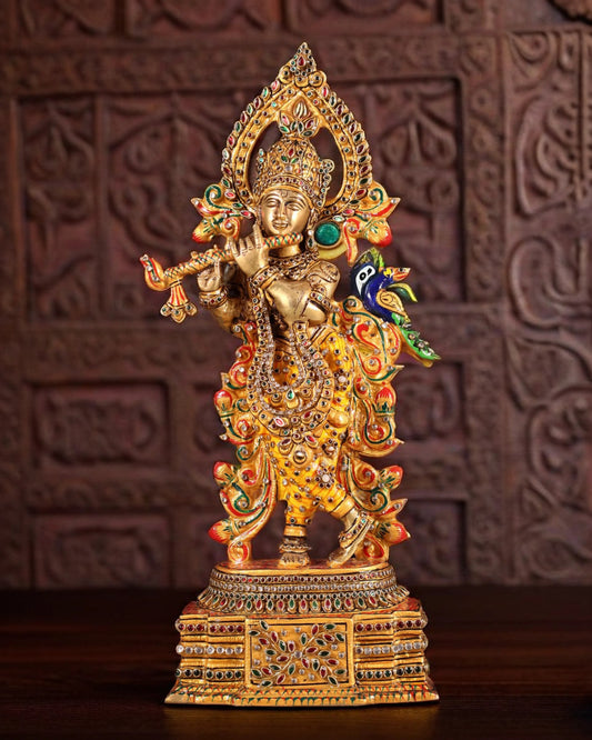 BrassAura™ Pure Brass Lord Krishna Statue – Laakh Meenakari Work | Height 13.5 Inch | Weight 3.3 Kg