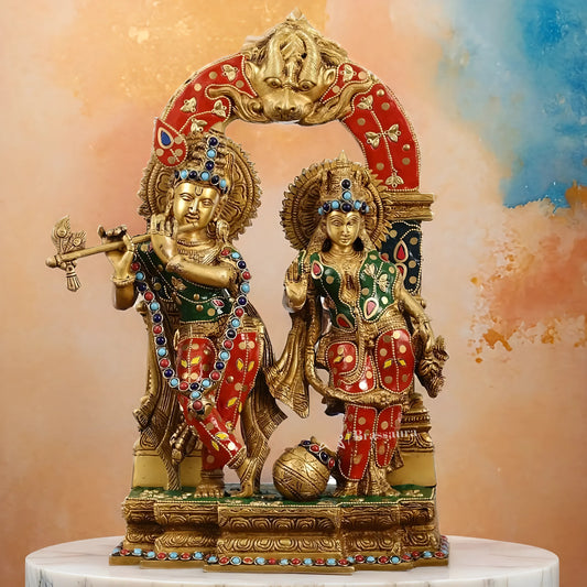 Brassaura™ Handcrafted Brass Radha Krishna Idol with Butter Pot & Yali Prabhavali – Height 14 Inches & Weight 7.5 Kgs | Devotional Statue