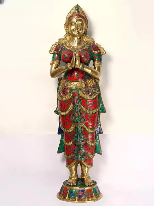 Brassaura® Brass Namaste Lady Sculpture with Inlay Work | Height 72.5 Inches