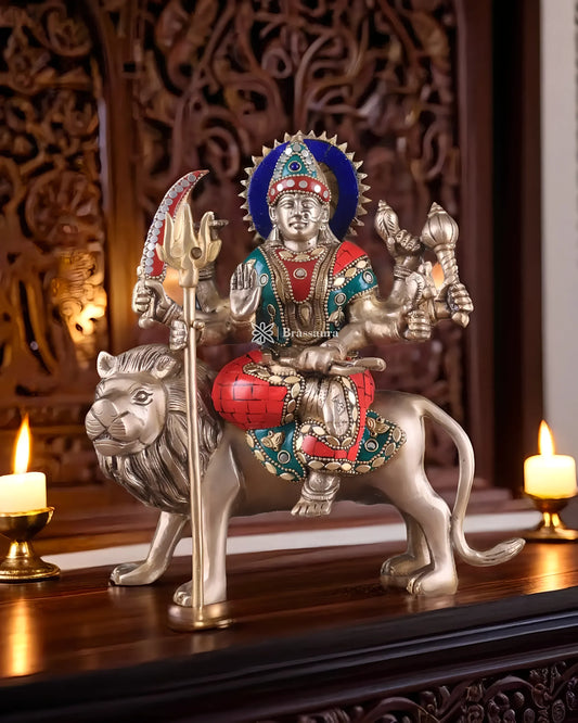 Brassaura™ Pure Brass Goddess Durga Idol – 4.5kg, 9-Inch – Handcrafted Statue for Tables, Temples & Entrances