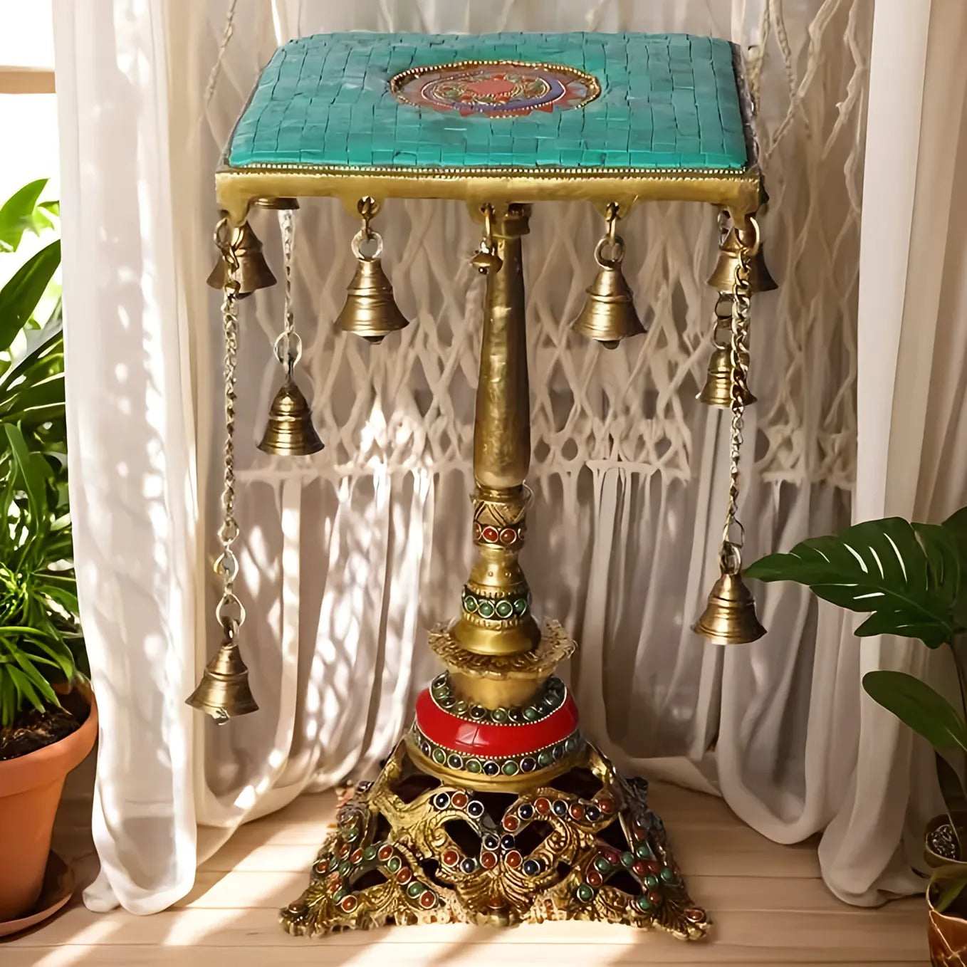 Brassaura™ Brass Pooja Chowki With Hanging Bells – Height 9.2 Inches & Weight 5 Kgs | Traditional Temple Accent