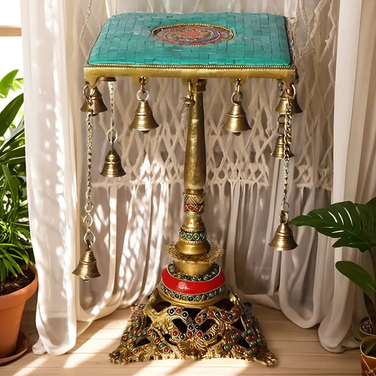 Brassaura™ Brass Pooja Chowki With Hanging Bells – Height 9.2 Inches & Weight 5 Kgs | Traditional Temple Accent