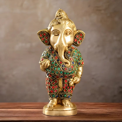 Brassaura™ Brass Baby Ganesha Statue with Modak and Stonework | Height 7 Inches & Weight 1.25 Kgs