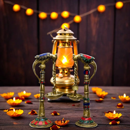 Brass Gem Stone Work Diya for Home and Decor Weight 1.15 Kg Height 21 cm