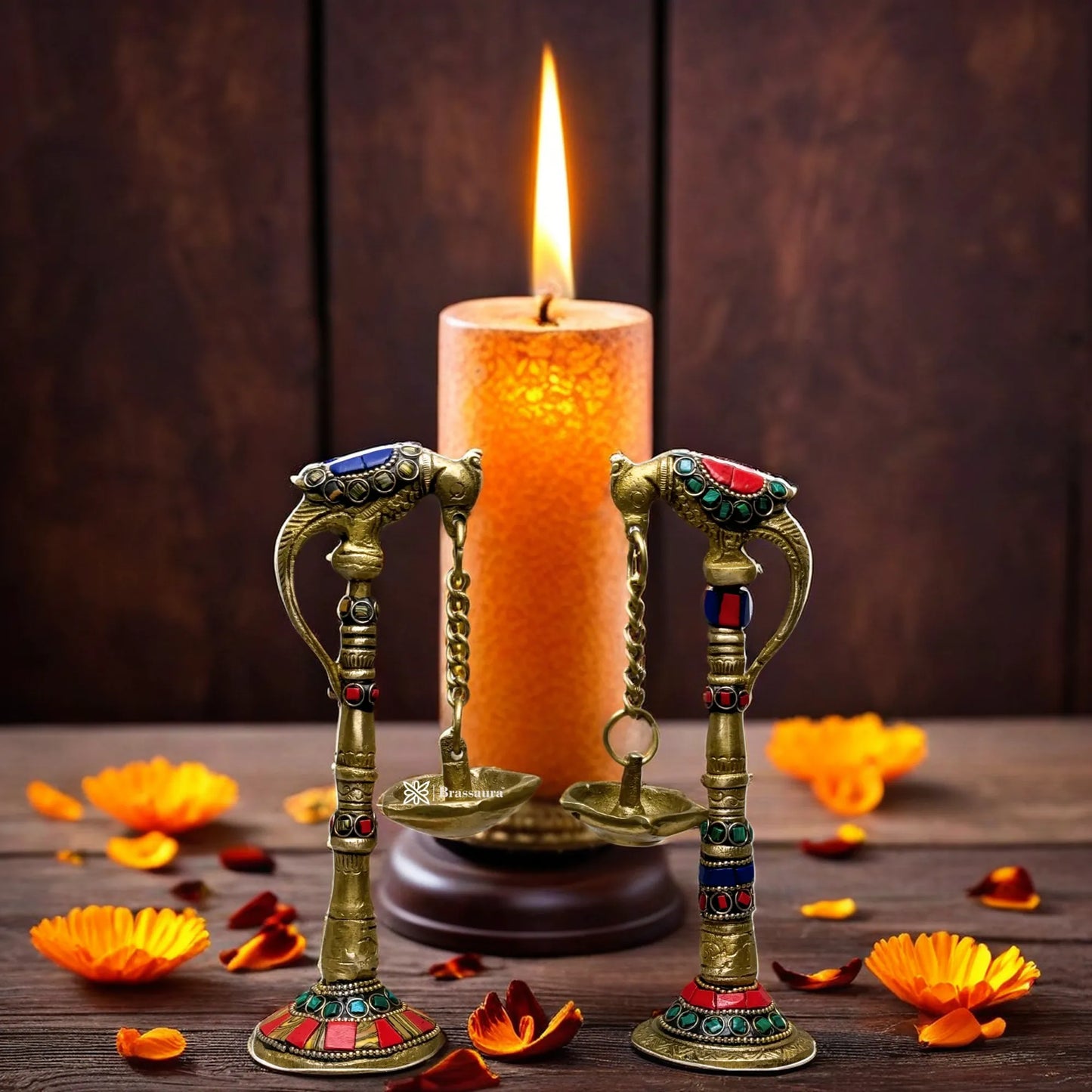 Brass Gem Stone Work Diya for Home and Decor Weight 1.15 Kg Height 21 cm