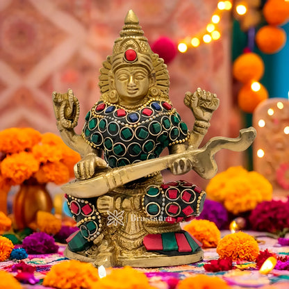 Brassaura™ Artistic Brass Saraswati Murti with Gem Stone Detailing – Height 4.8 Inches & Weight 0.8 Kgs