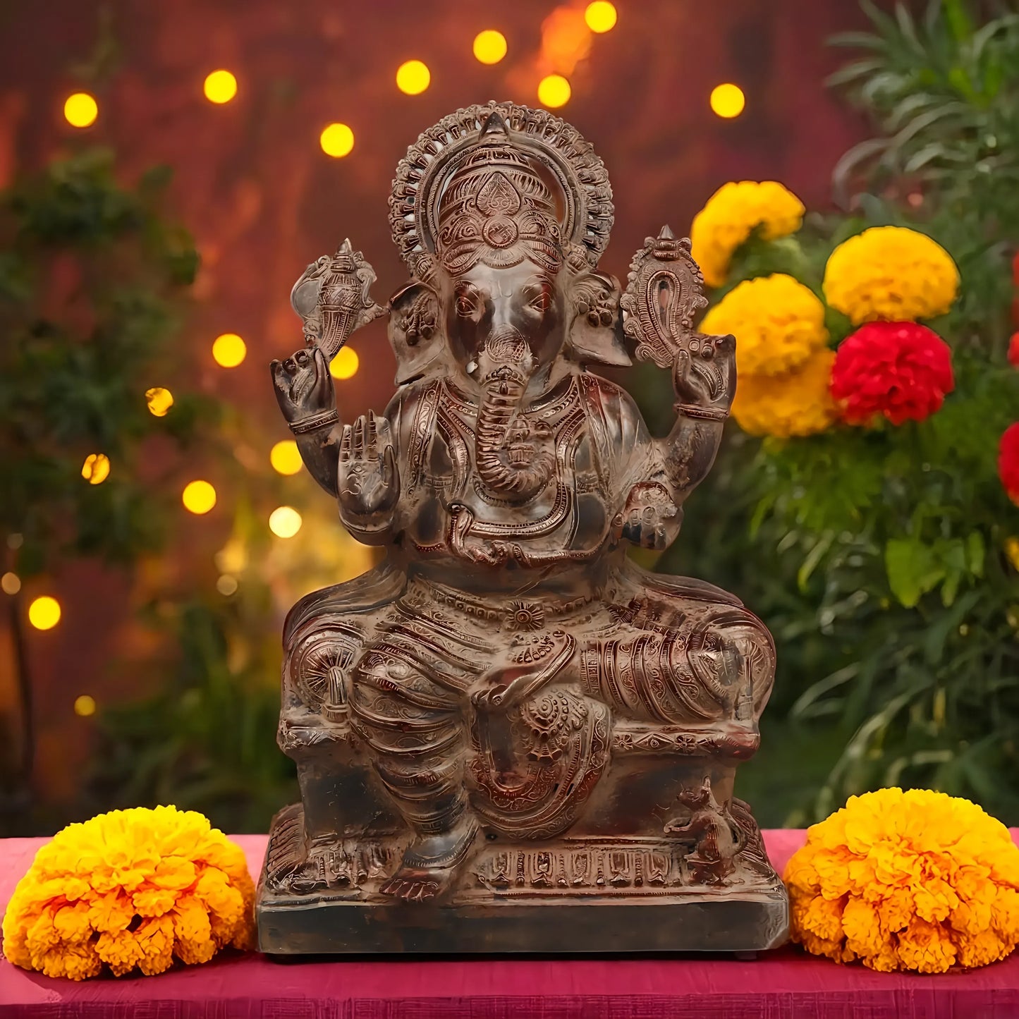 Brassaura™ Brass Ganesh Seated in Blessing Posture – Rustic Copper Finish – Height 22.5 Inches, Weight 22.85 Kgs