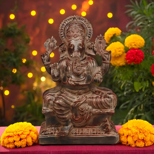 Brassaura™ Brass Ganesh Seated in Blessing Posture – Rustic Copper Finish – Height 22.5 Inches, Weight 22.85 Kgs