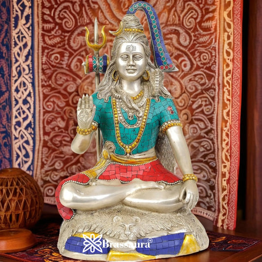 Brassaura™ Luxurious Brass Lord Shiva Murti with Gemstones – Height13.5 Inches & 7 Kgs | Spiritual Décor