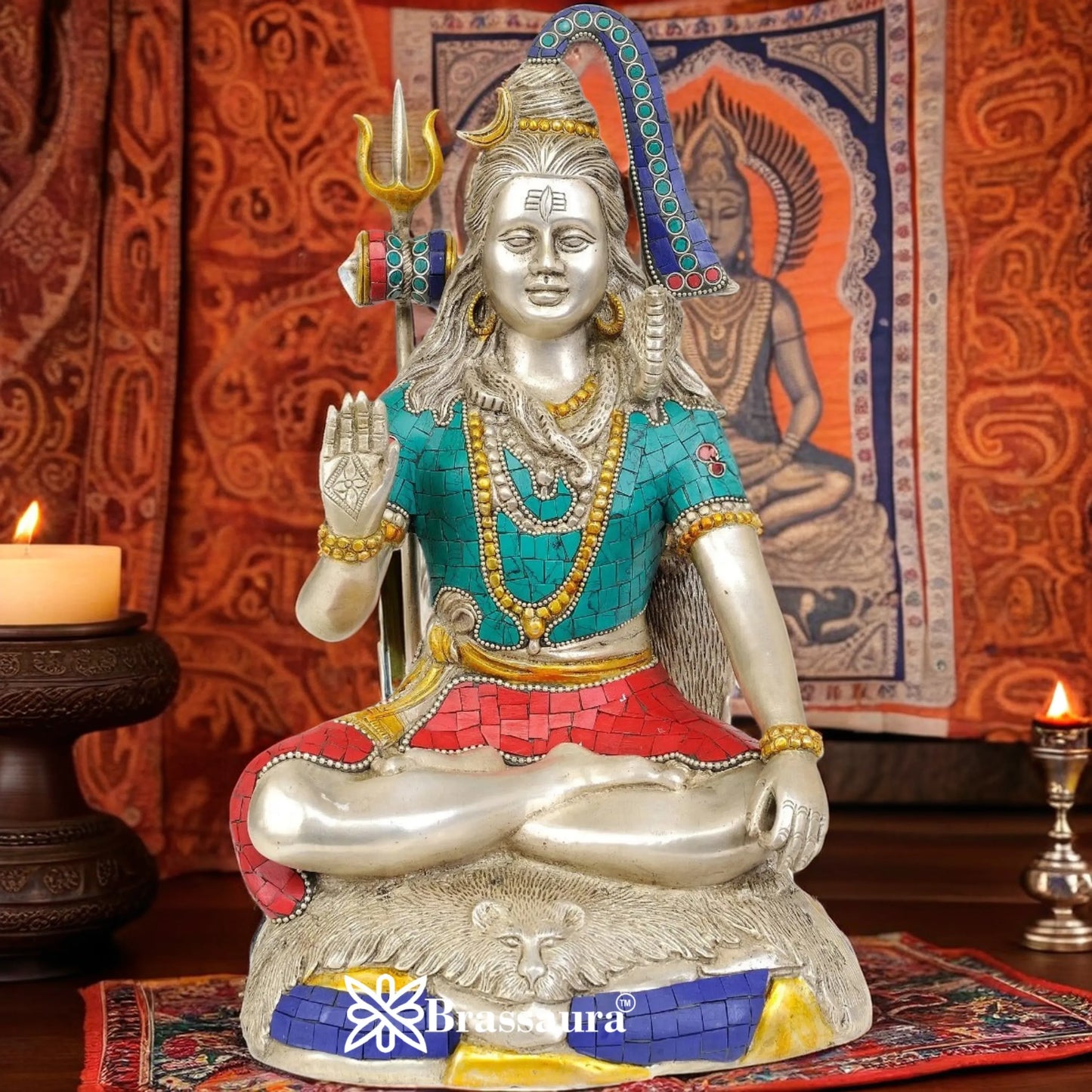 Brassaura™ Luxurious Brass Lord Shiva Murti with Gemstones – Height13.5 Inches & 7 Kgs | Spiritual Décor