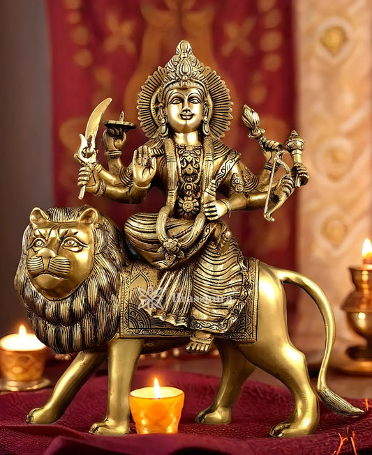 Brassaura™ Superfine Brass Sherawali Mata (Goddess Durga) Idol – 12kg, 17-Inch – Handcrafted Statue with Antique Finish for Spiritual Décor