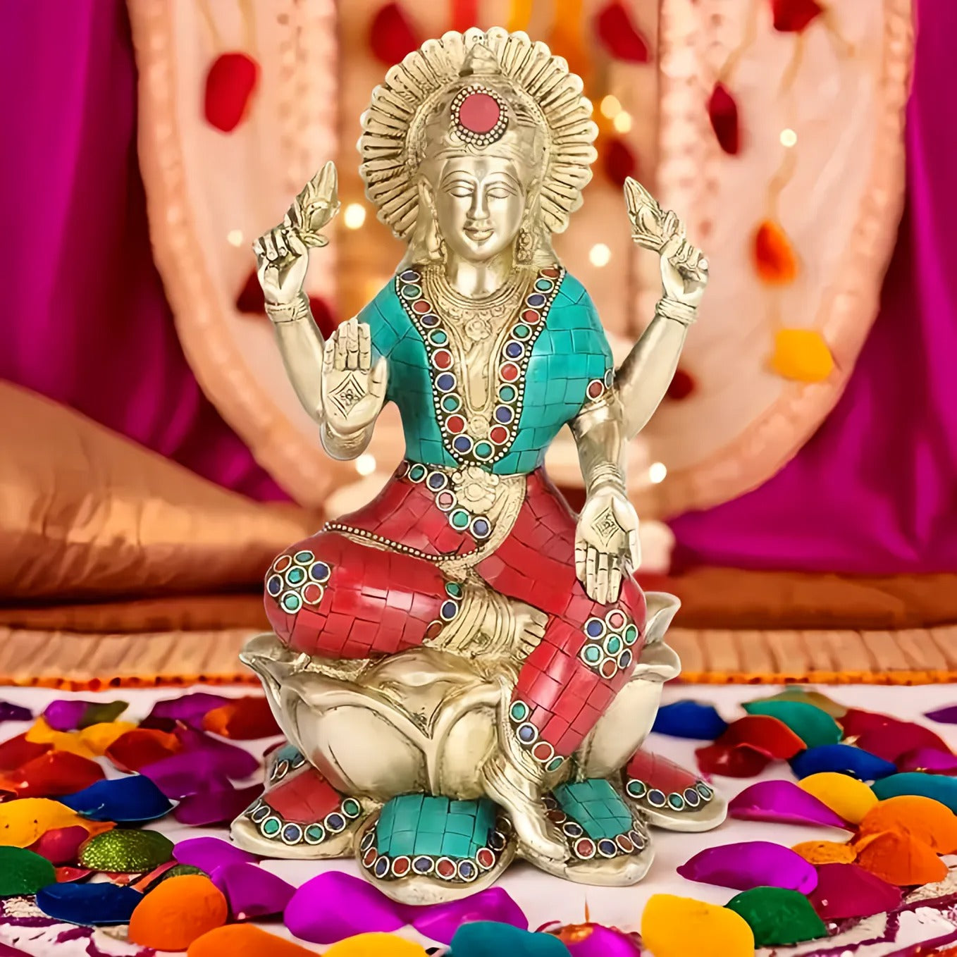 Brassaura™ Devotional Brass Gem Stone Work Laxmi Idol – Height 5.2 Inches & Weight 3.6 Kgs | Spiritual Home Idol